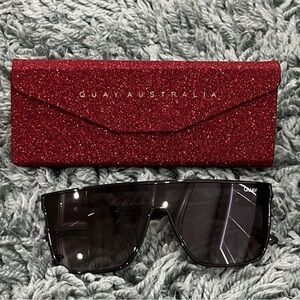 NWT Quay NIGHTFALL Black on Black Sunglasses and a sparkly red trifold Quay Case